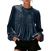 Faleave Women's Velvet Trim Lace Blouse Long Sleeve Shirt Elegant Flared Swing Top Round Neck Casual Wear