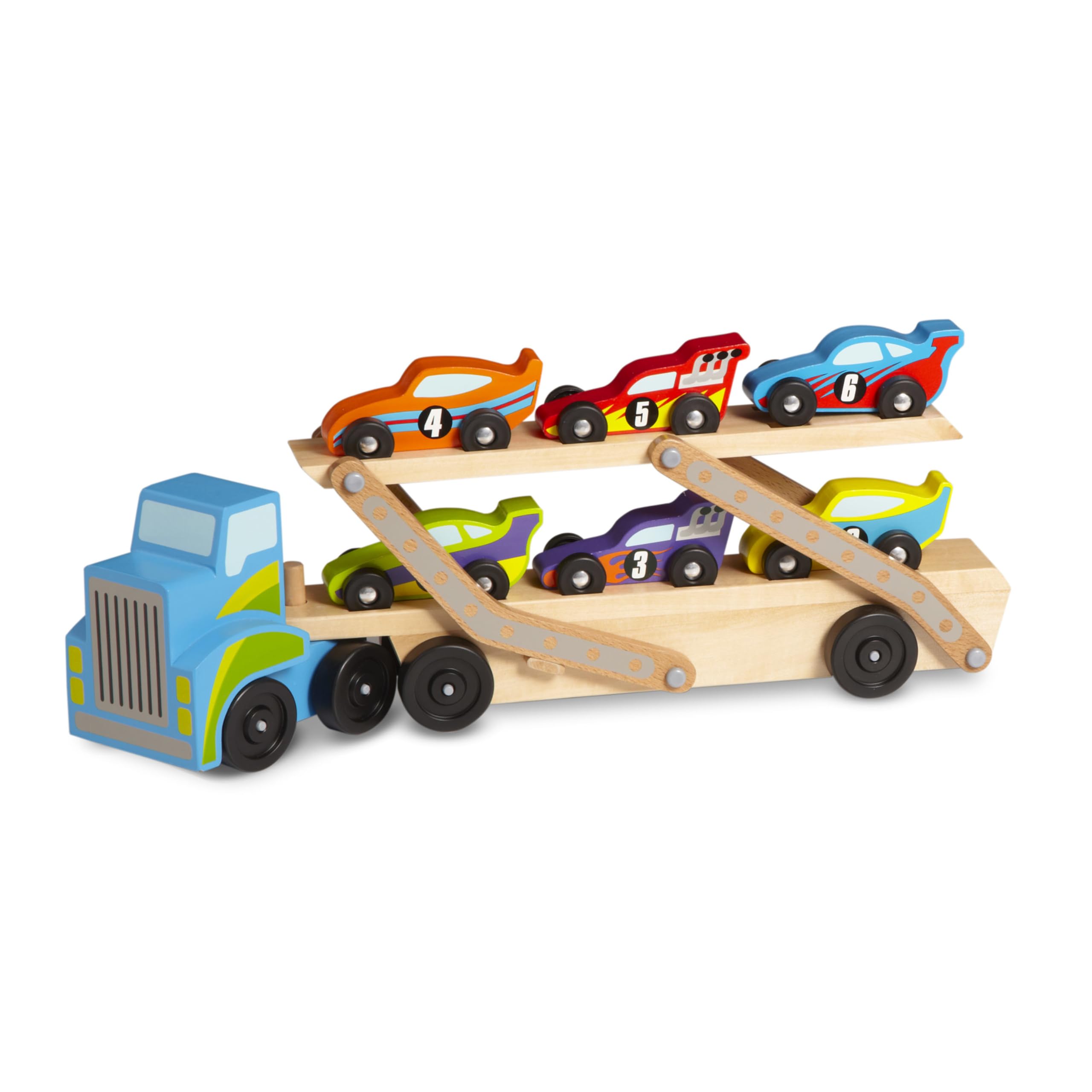 Photo 1 of Melissa & Doug Mega Race-Car Carrier - Wooden Tractor and Trailer with 6 Unique Race Cars