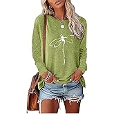 JNIFULI Women's Casual Loose Long Sleeve Shirts Crewneck Side Split Cute Graphic T Shirts Fall Pullover Tops