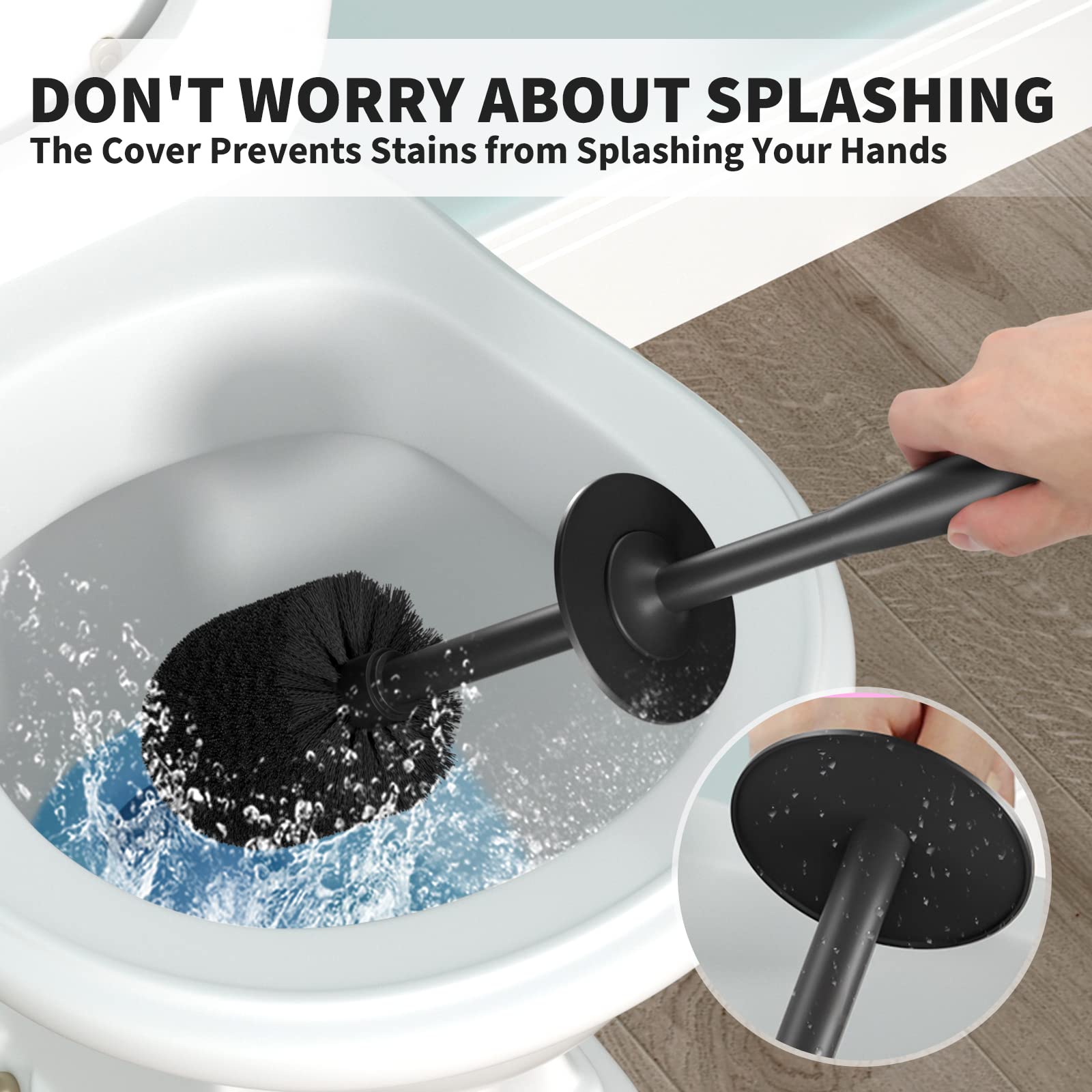 UPTRONIC Toilet Brush, Toilet Bowl Brush with Extra Long Handle Durable Bristles Toilet Scrubber and Covered Holder for Toilet Brush Set for Bathroom Cleaning (Black, 1 Set)