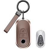 for Mercedes Benz Key Fob Cover, Premium Aluminum and Leather Case | Luxury Protector Shell with Keychain Compatible with GLC GLS EQS S 450 480 580 C200L 260L Key Remote (C-Brown)