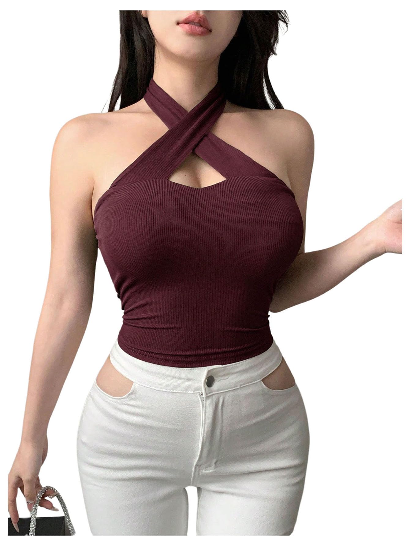 Photo 1 of SweatyRocks Women's Cut Out Criss Cross Backless Sleeveless Slim Fit Halter Tank Tops Burgundy Large