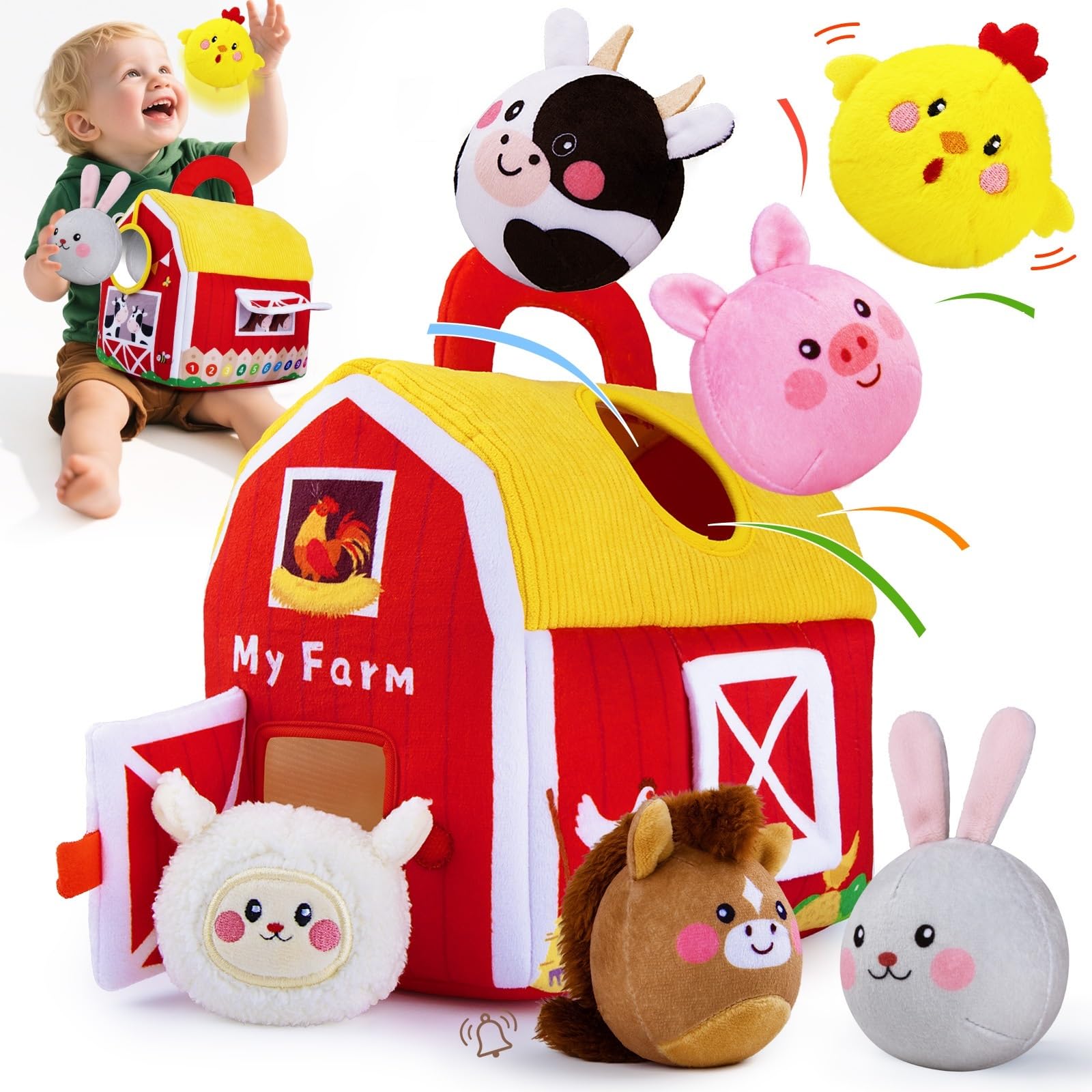 teytoy Baby Toys for Newborn 6-12 Months, Soft Farm Animals with Barn, Rattle, Crinkle Paper, Mirror, Busy Montessori Sensory Toys for Babies Toddlers 1-3 Easter Basket Stuffers