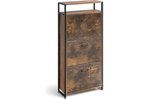 HAIOOU 3 Drawer Industrial Shoe Cabinet, Freestanding Wooden Shoe Rack Slim Storage Organizer Stand with Flip Doors, Open Storage Shelf for 15-18 Pairs, Perfect for Entryway - Rustic Brown and Black