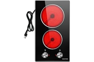 Noxton 110v Electric Cooktop 2 Burners, Plug in Electric Stove 12 Inch, Built-in or Above the Counter Use, 9 Power Level, Knob Control Ceramic Stovetop, Great for the Elderly