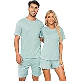 SPKPKEY Matching Pajamas for Couples Ribbed Knit Lounge Set Soft Short Sleeve 2 Pieces Sleepwear S-XXL