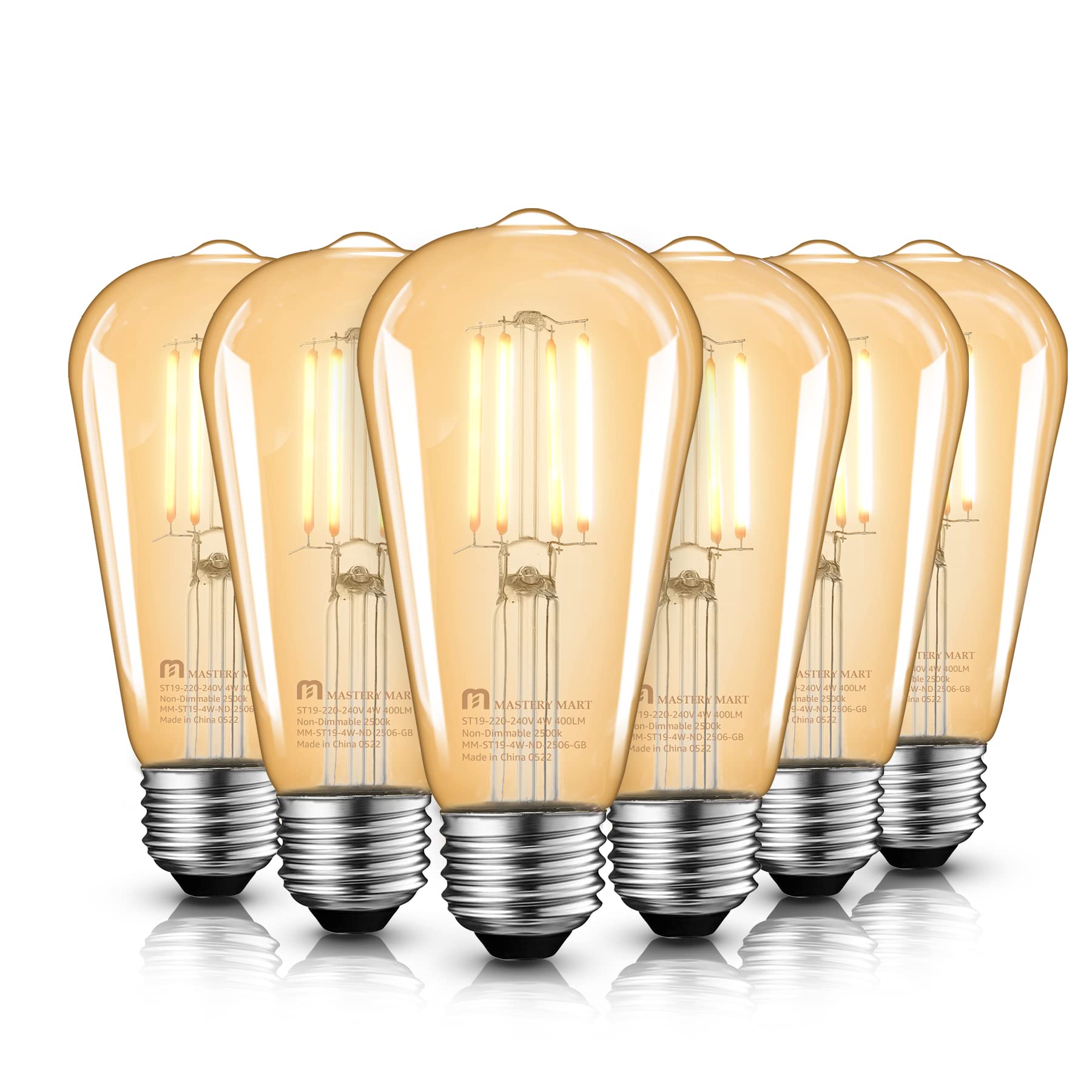 MASTERY MART E27 Vintage Light Bulbs, Non-Dimmable, 2500K Warm White, 4W 40W Equivalent, Retro Amber Glass ST64 Filament LED Bulb, Edison Screw Cap, 15000 Hours, 400 Lumens, Pack of 6
