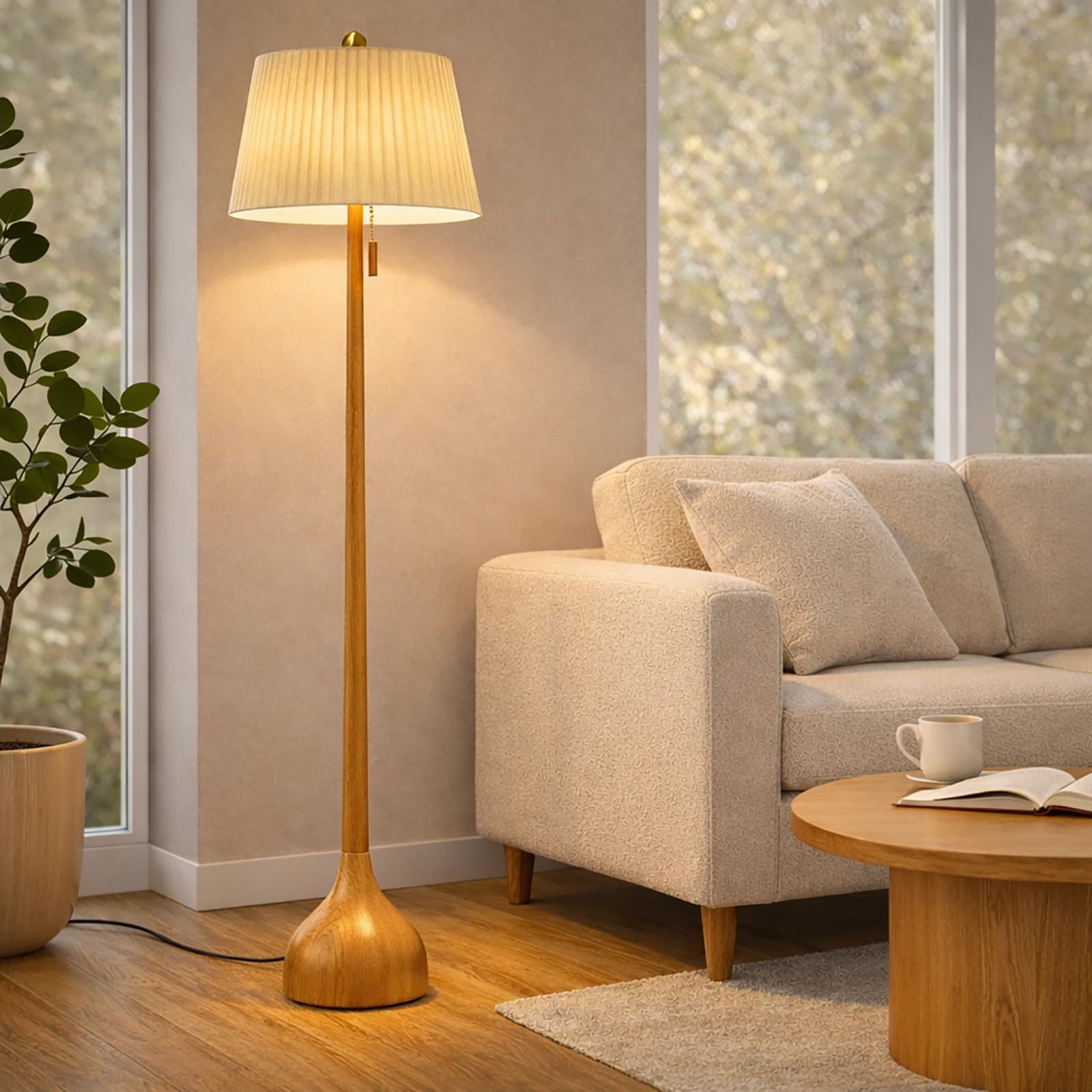 Photo 1 of MOFFE 65" Mid Century Modern Vintage Real Wood Floor Lamp with 2 Shades for Two Looks, Sculptural Standing Lamp with Teardrop Base & Wooden Pull Chain for Living Room Bedroom Sofa Side (Bulb Included)