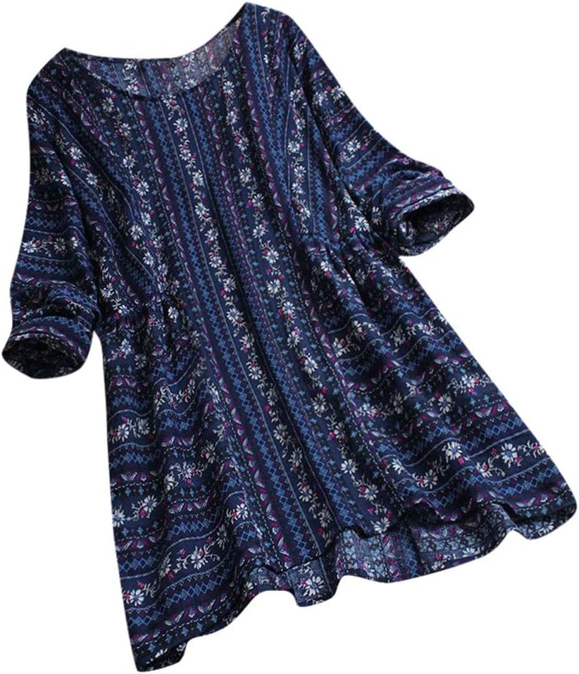 iHHAPY Women's Oversize T-Shirt Elegant Blouse Boho Tops V-Neck Shirt Loose Tops Flowers Print Cotton Linen Tunic
