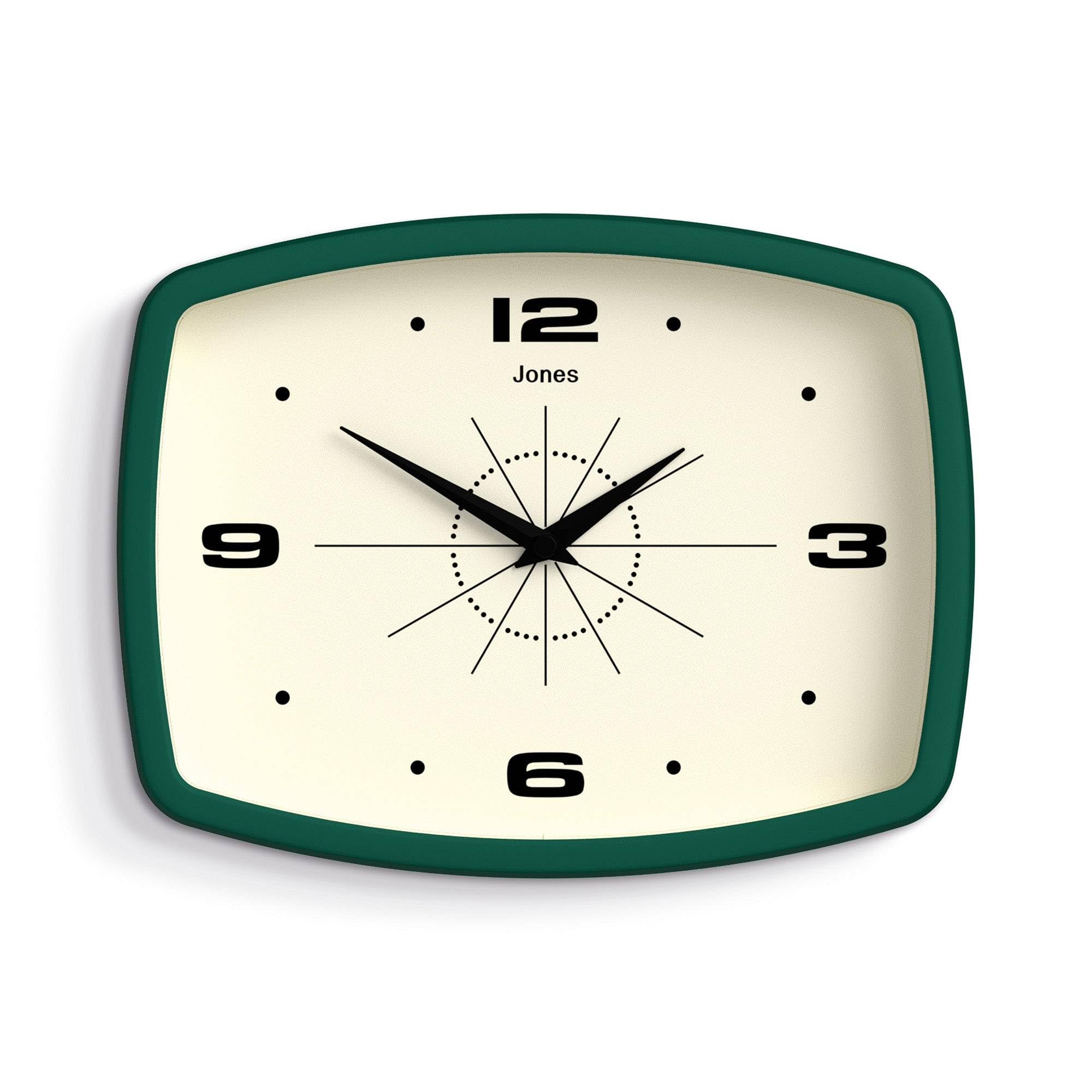Jones Clocks® Movie wall clock | Retro rectangular clock | 25cm | Dark Green | Cool mid-century designer look for kitchen, living room or office