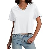 SMENG Women's Cropped T Shirts Loose Cotton Soft UPF50+ Basic Tshirt Vneck Short Sleeve Breathable Tees 2026