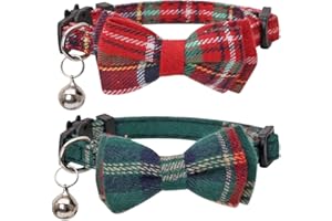 LAMPHYFACE Christmas Cat Collar Breakaway with Cute Removable Bow Tie and Bell for Kitty Adjustable Safety Plaid
