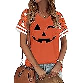 Halloween Shirts Women Fall Pumpkin Tshirt Ghost T Shirt Skeleton Tops Casual V Neck Short Sleeve Tees