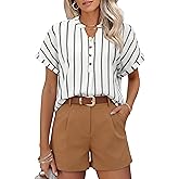 Uhiger Striped Shirt Women Henley V Neck Button Up Shirt Cap Short Sleeve Blouses Business Dressy Casual Clothes