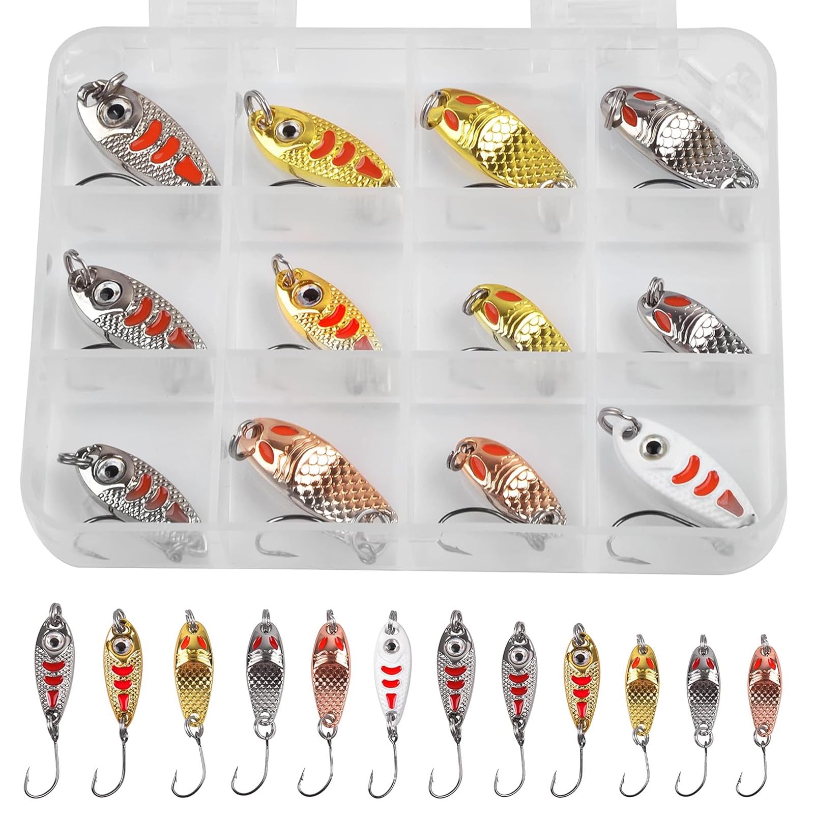 Fishing Spoon Lures Kit, 12pcs Hard Baits Metal Trout Spoon Lures Fishing Jigs Spinner Lures Single Hook Trolling Spoon for Trout Pike Bass Crappie