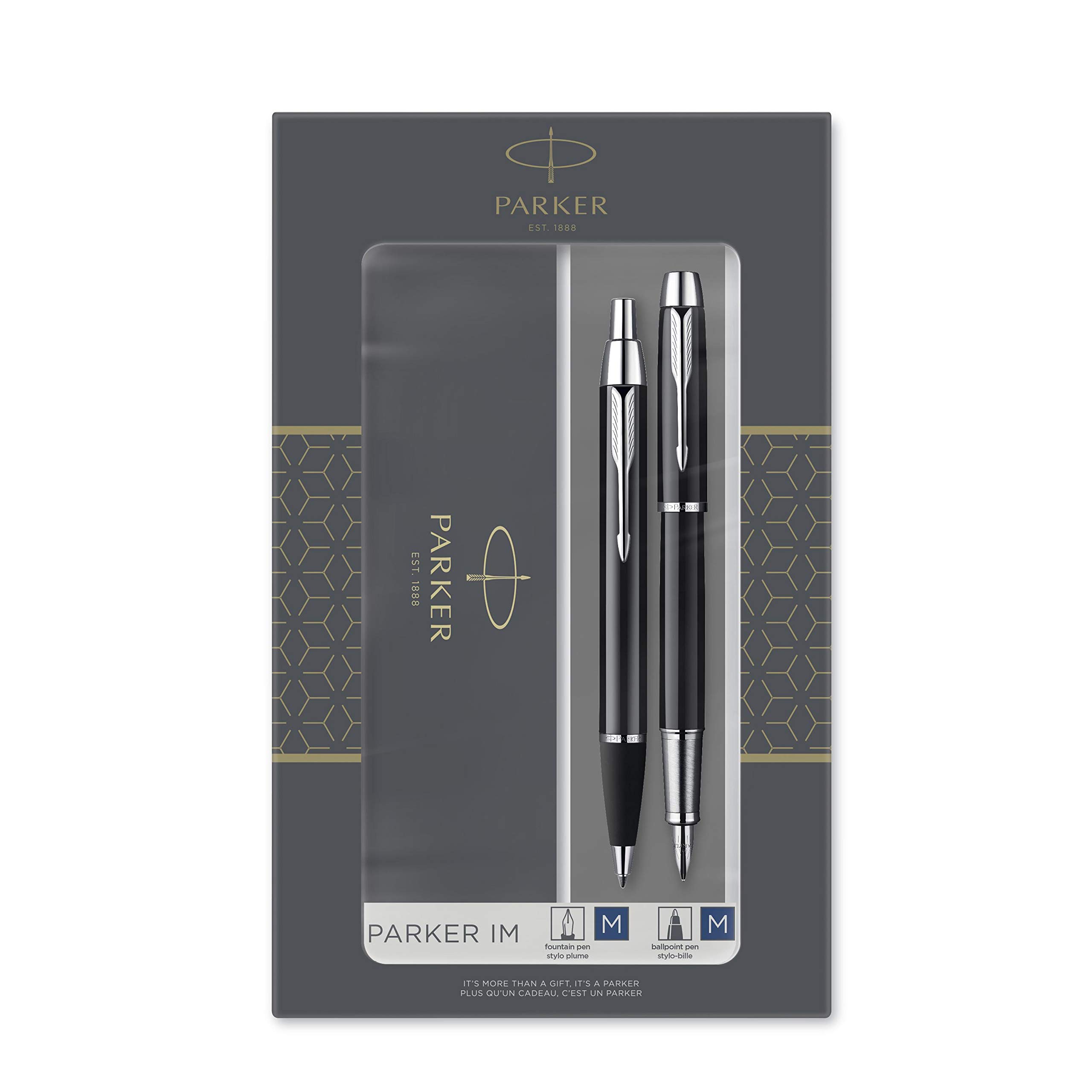 Parker IM Duo Gift Set with Ballpoint Pen & Fountain Pen | Gloss Black with Chrome Trim | Blue Ink Refill & Cartridge | Gift Box