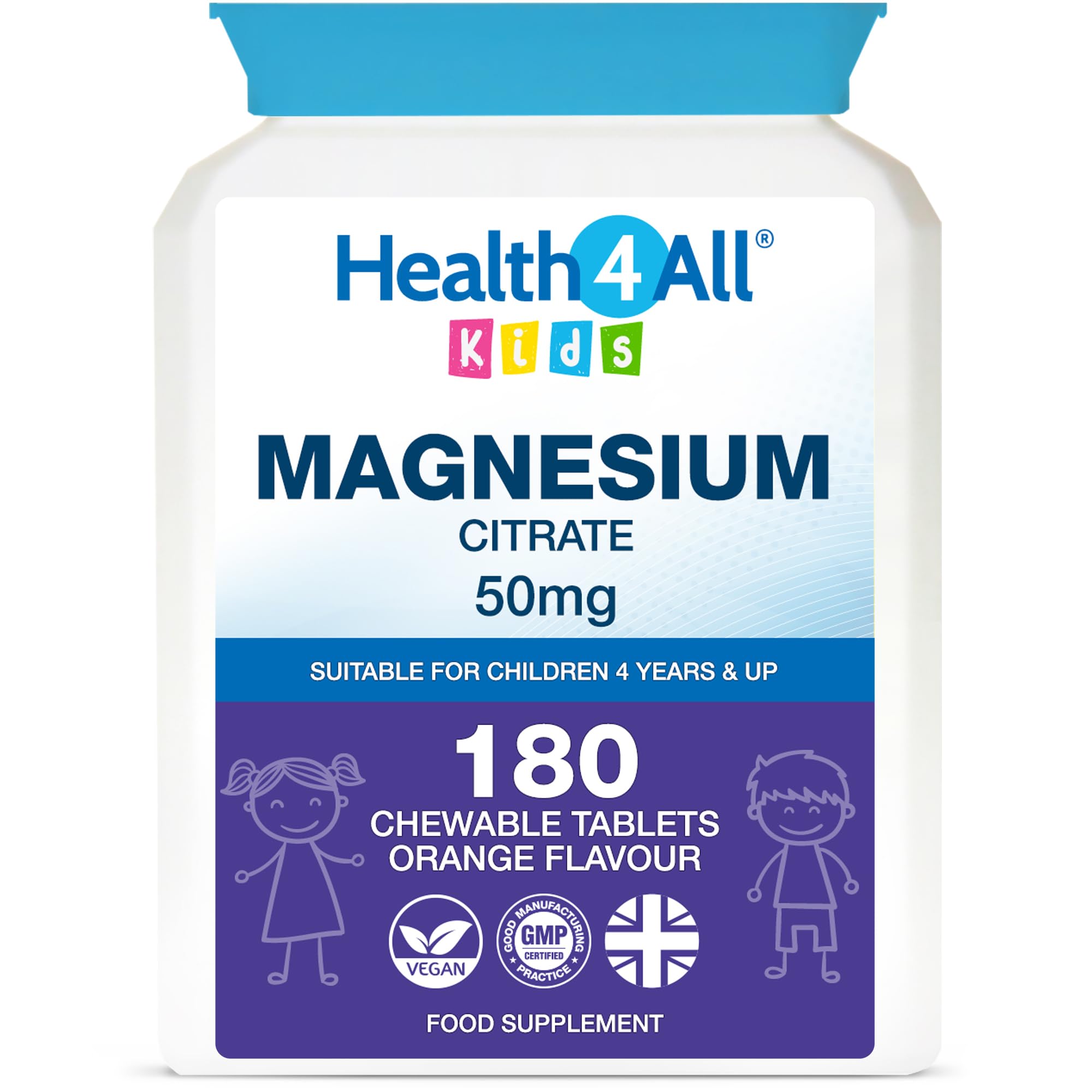 Health4All Kids Magnesium 180 Chewable Tablets for Anxiety, Sleep, Ticks. Tasty Orange Chewable Magnesium Supplement for Children 4+, Vegan, Sugar-Free | Made in UK | Alternative to Glycinate Gummies