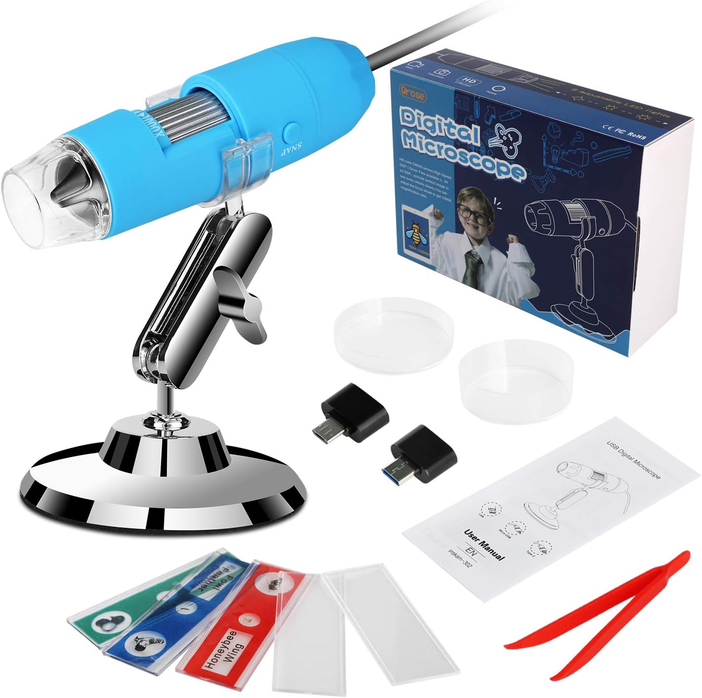 USB Microscope Set, QRose Digital Microscope Camera with 1080P HD 2MP 50x to 1000x Magnification Endoscope for Android Smartphone, Widows, Mac PC Best Kids Gifts