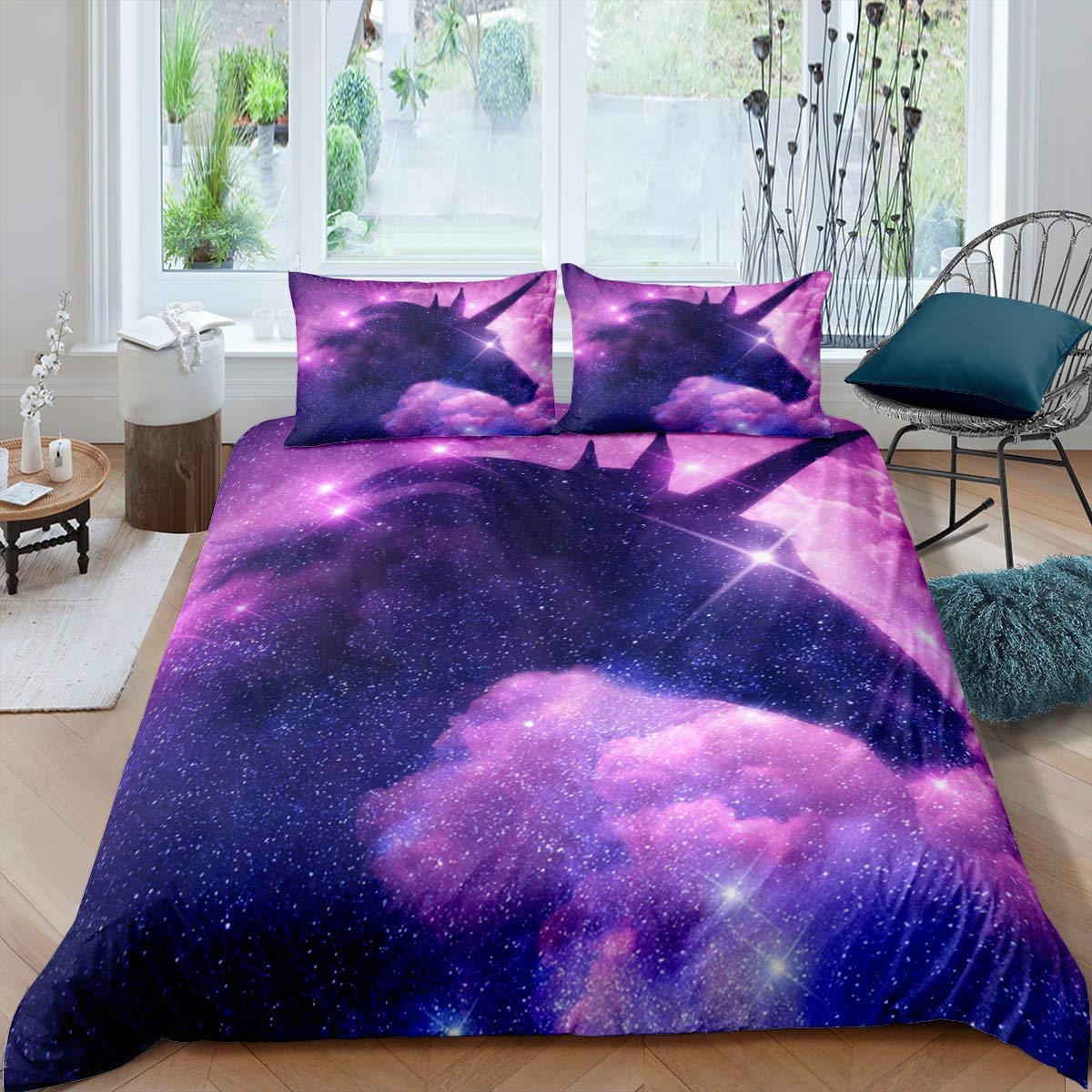 Loussiesd Galaxy Unicorn Bedding Set for Girls Kids Teens, Cute Cartoon Animal Comforter Cover Purple Psychedelic Space Pattern, Sparkly Unicorn Decor Duvet Cover King Size, 3 Pcs, Ultra Soft