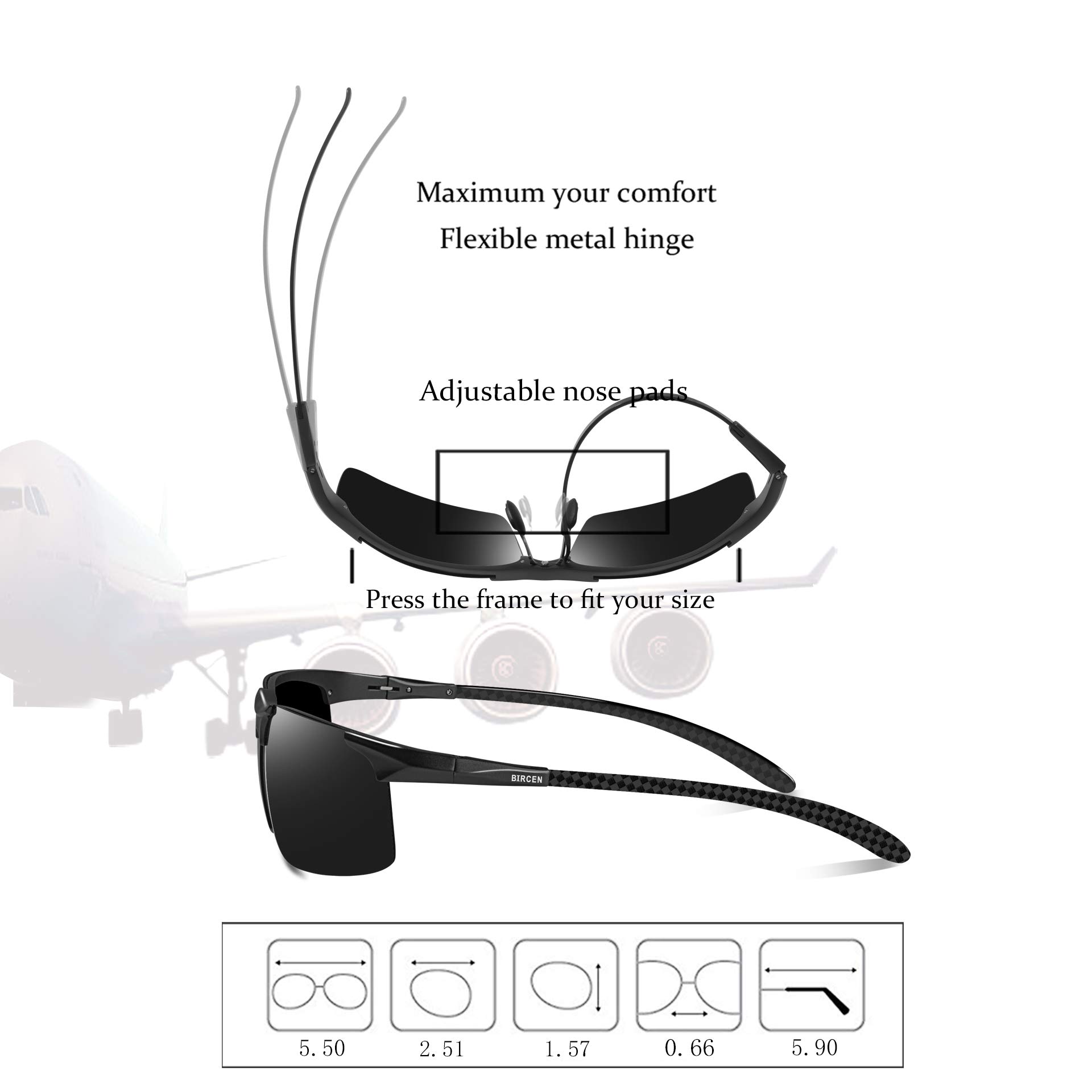 Bircen Mens Polarized Carbon Fiber Sunglasses UV Protection Sports Fishing Driving Sunglasses for Men Al-Mg Frame