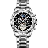 GLENAW Mens Watches Automatic Mechanical Skeleton Tourbillon Luxury Self Winding Dress Wrist Watches Moon Phase Waterproof Luminous