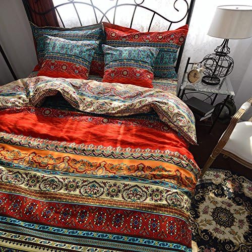 LIZAIA Paisley Textile Boho Style Duvet Cover Set Colorful Stripe Sheet Sets Bohemia Bedding Set Barpque Home Textiles Flat Sheet Cotton Soft Brushed Microfiber #1 Full Queen