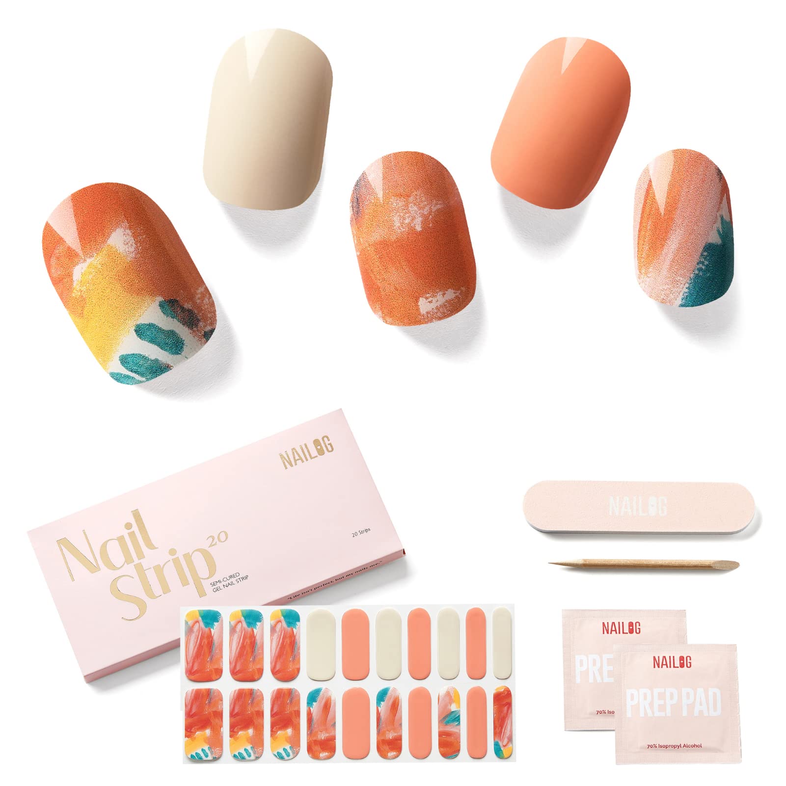 NAILOG Semi Cured Gel Nail Strips Glossy & Long Lasting Soft Gel Finish (20 Extra Long Stickers) | Wraps,Masterpiece — image 1