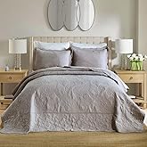 ENASAL Cotton Jacquard Bedspread Quilt Bedding Sets Queen Size, 3 Pieces Reversible Comforters with Ruffle Edge Coverlets for All Seasons, Paisley Floral Stiching Pattern, Grey, Queen Size