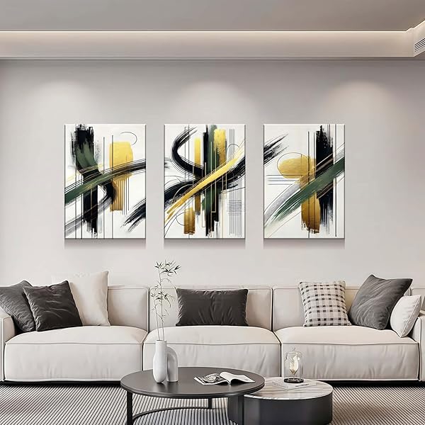 3 PCS FRAMED ABSTRACT WALL ART MODERN GALLERY PRINTS BLACK GREEN GOLD LINES CANVAS PAINTING MINIMALIST POSTER PICTURE LIVING ROOM BEDROOM OFFICE WALL DECOR 16X24 INCH READY TO HANG
