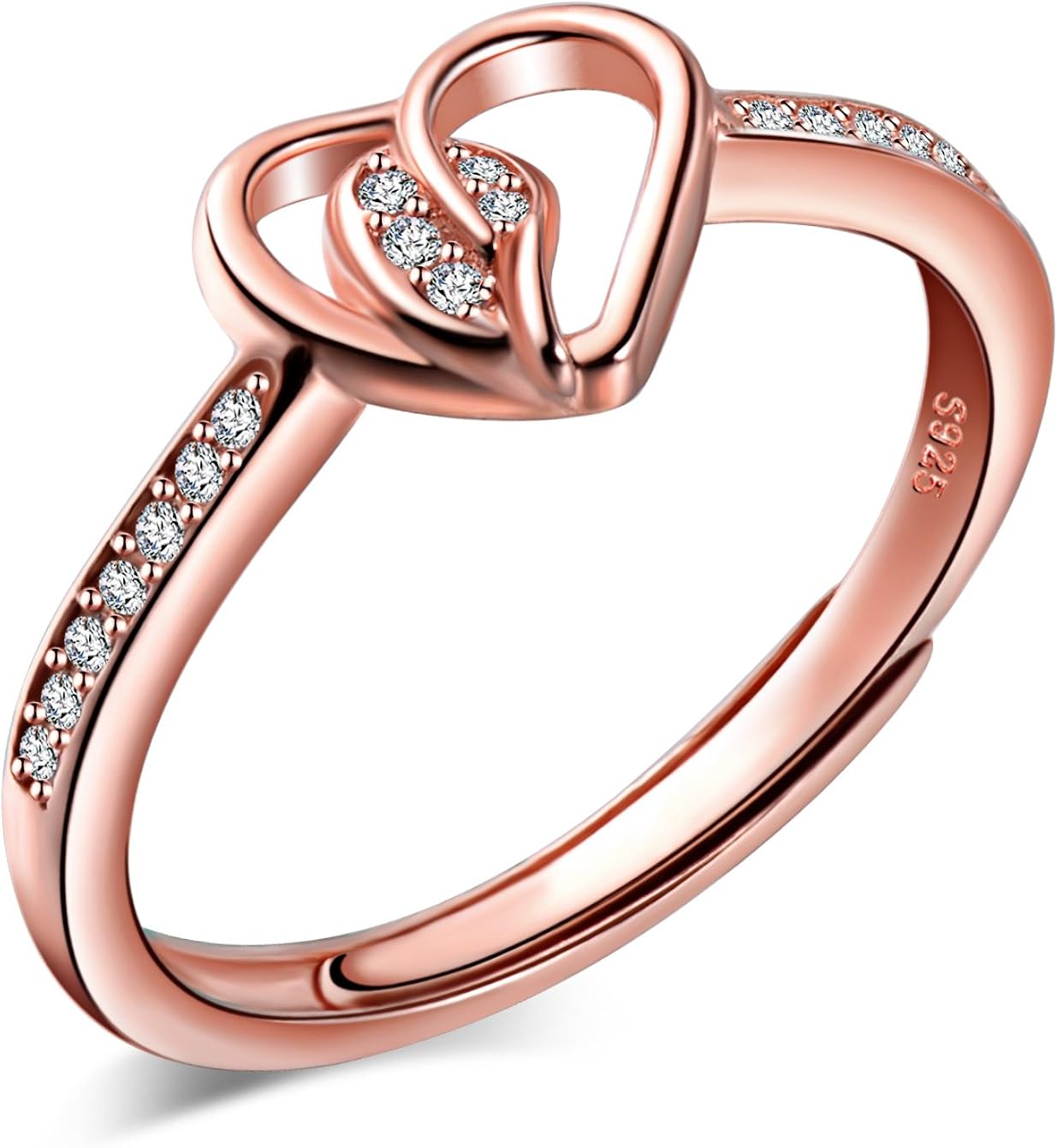 Yumilok Jewelry 925 Sterling Silver Cubic Zirconia Hollow Hearts Polished Adjustable Ring for Women/Girls, Rose Gold Plated