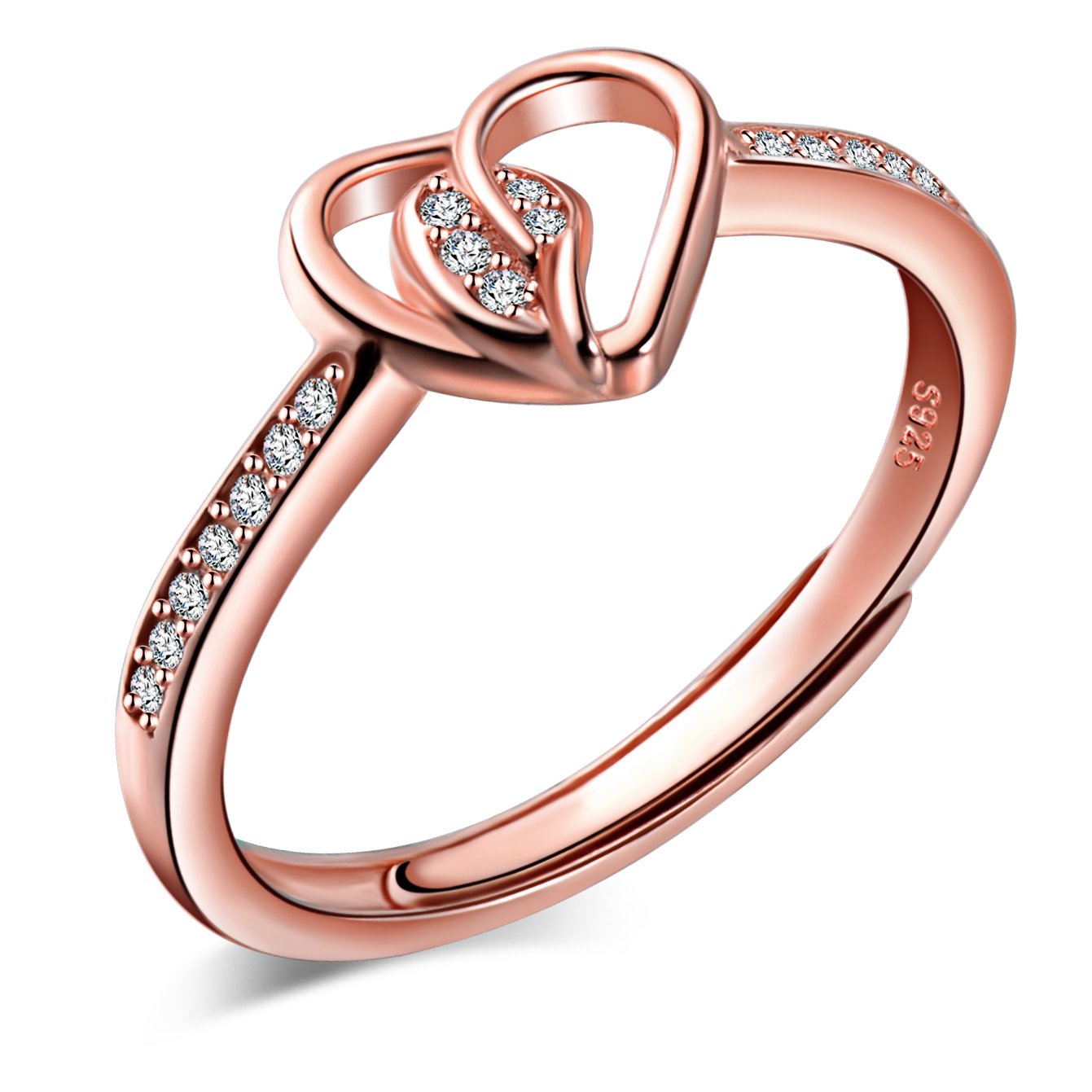 Yumilok Jewelry 925 Sterling Silver Cubic Zirconia Hollow Hearts Polished Adjustable Ring for Women/Girls, Rose Gold Plated