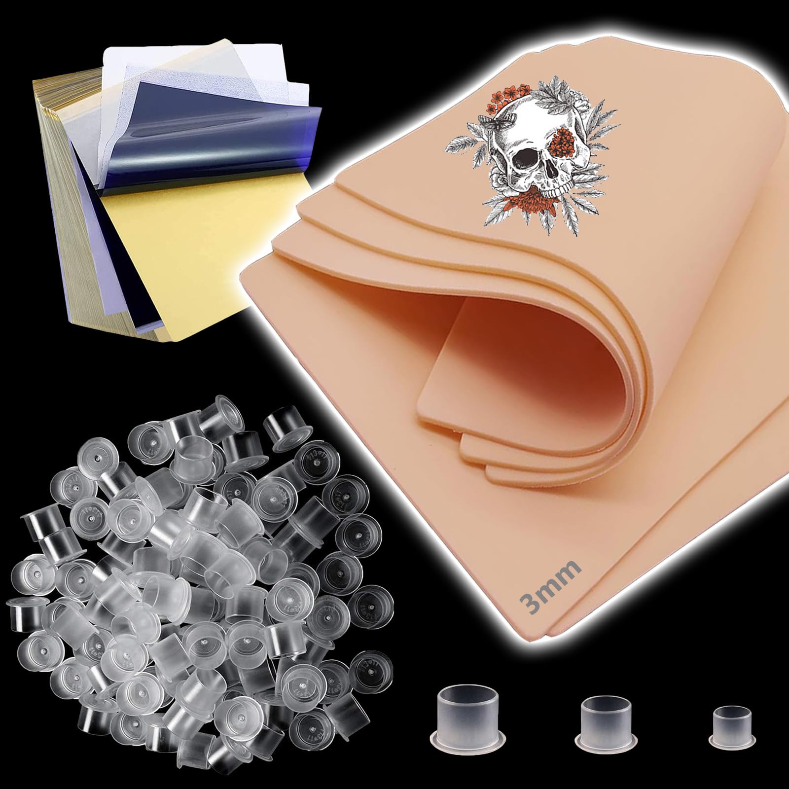 Unohby Tattoo Skin 3mm Transfer Paper 20pcs Kit with 300pcs Ink Caps, 5Pcs Fakes Skin with 15Pcs Stencil Paper and 300Pcs Tattoo Cups (S M L) Tattoos Practice Skin Kit — image 1