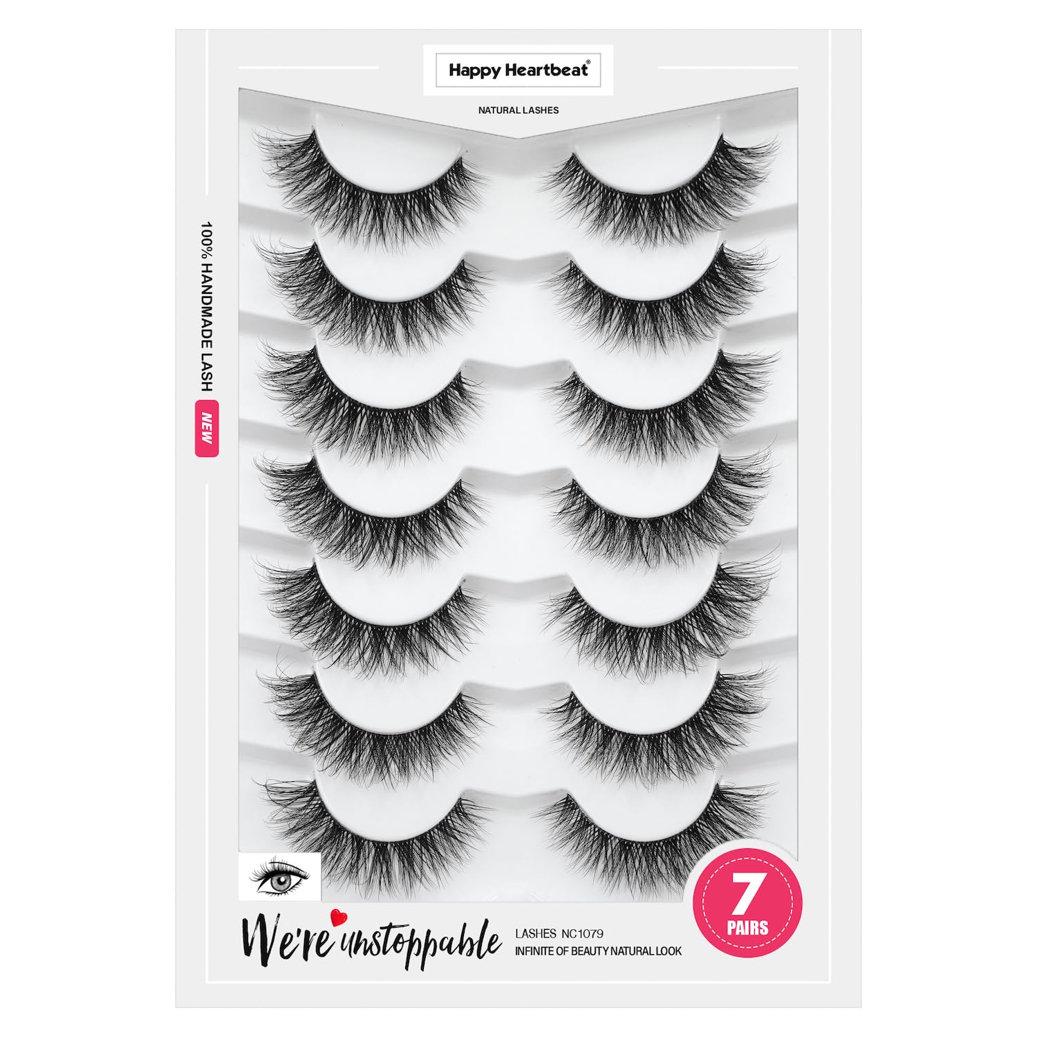 3D Clear Band Lashes 14mm Natural Soft Faux Mink Lashes Cat Eye Wispy Short Cross Reusable False EyeLashes 7 Pairs Happy Heartbeat(No.200)