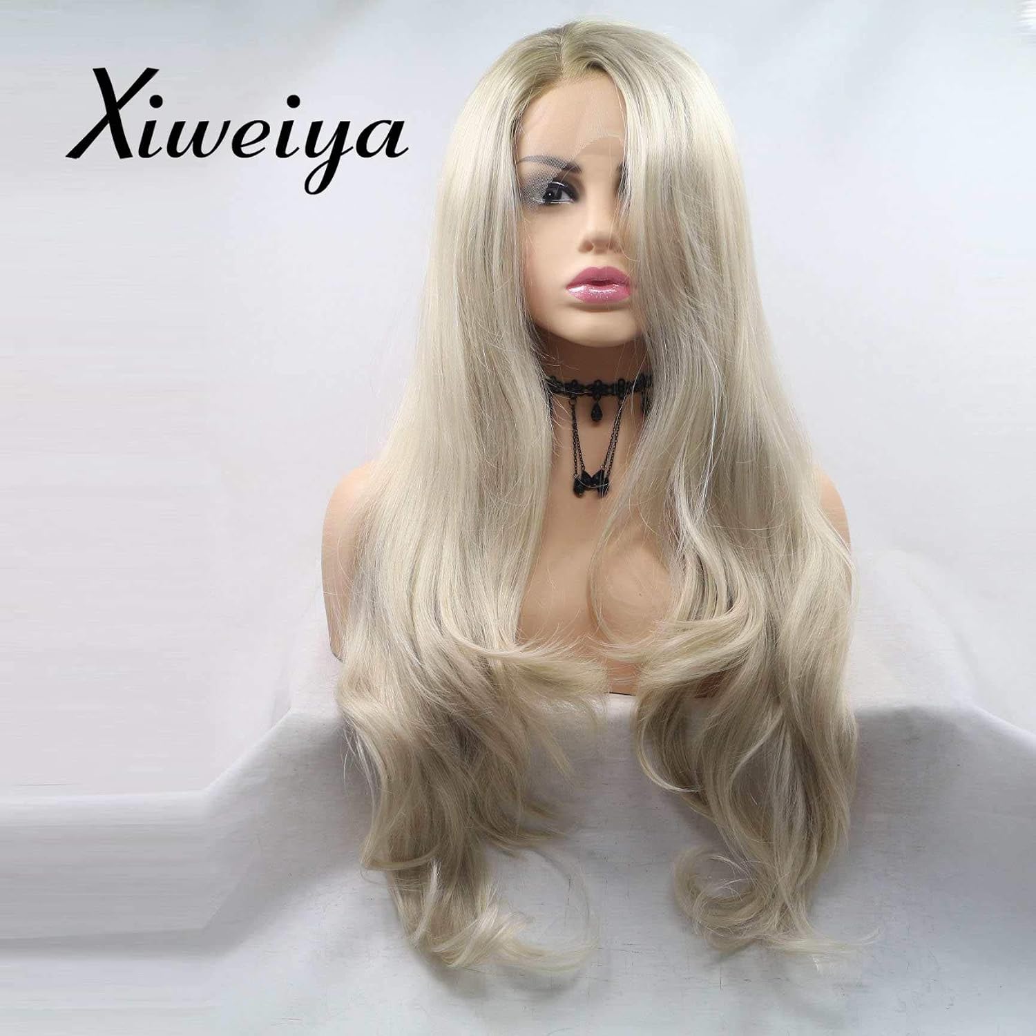 Xiweiya Ombre Blonde Wavy Wig Light Platinum Blonde Synthetic Lace Front Wigs Side Part Wig Long Soft Wavy Hair Replacement for Women Halloween Drag Queen Makeup 24 inch - Image 3
