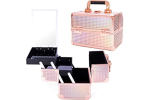 Buanson Lightweight Cosmetic Box Makeup Train Case Lockable Makeup Case Organizer 2 Trays Makeup Storage with Mirror Locking for Portable Makeup Storage Box- (Rose Gold)