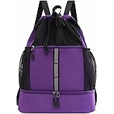GUIFIER Drawstring Backpack, Water Resistant Sports Gym Bag with Wet Pocket, Shoes Compartment and Water Bottle Holder Pockets, Mesh String Bag with Front Pocket, Swim Bag for Men Women Sports(Purple)