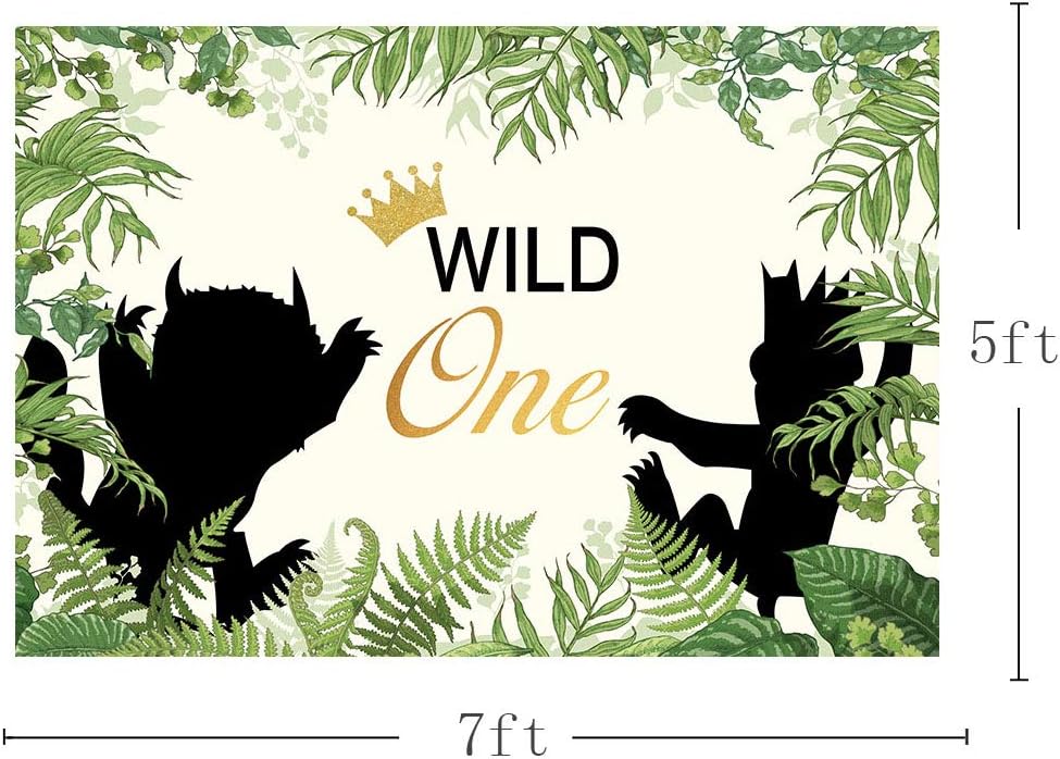 MEHOFOTO Wild One Themed 1st Birthday Party Backdrop Animals Photography Background Jungle Safari Green Leaves Baby Boy Photo Booth Banner Decorations 7x5ft - Image 4