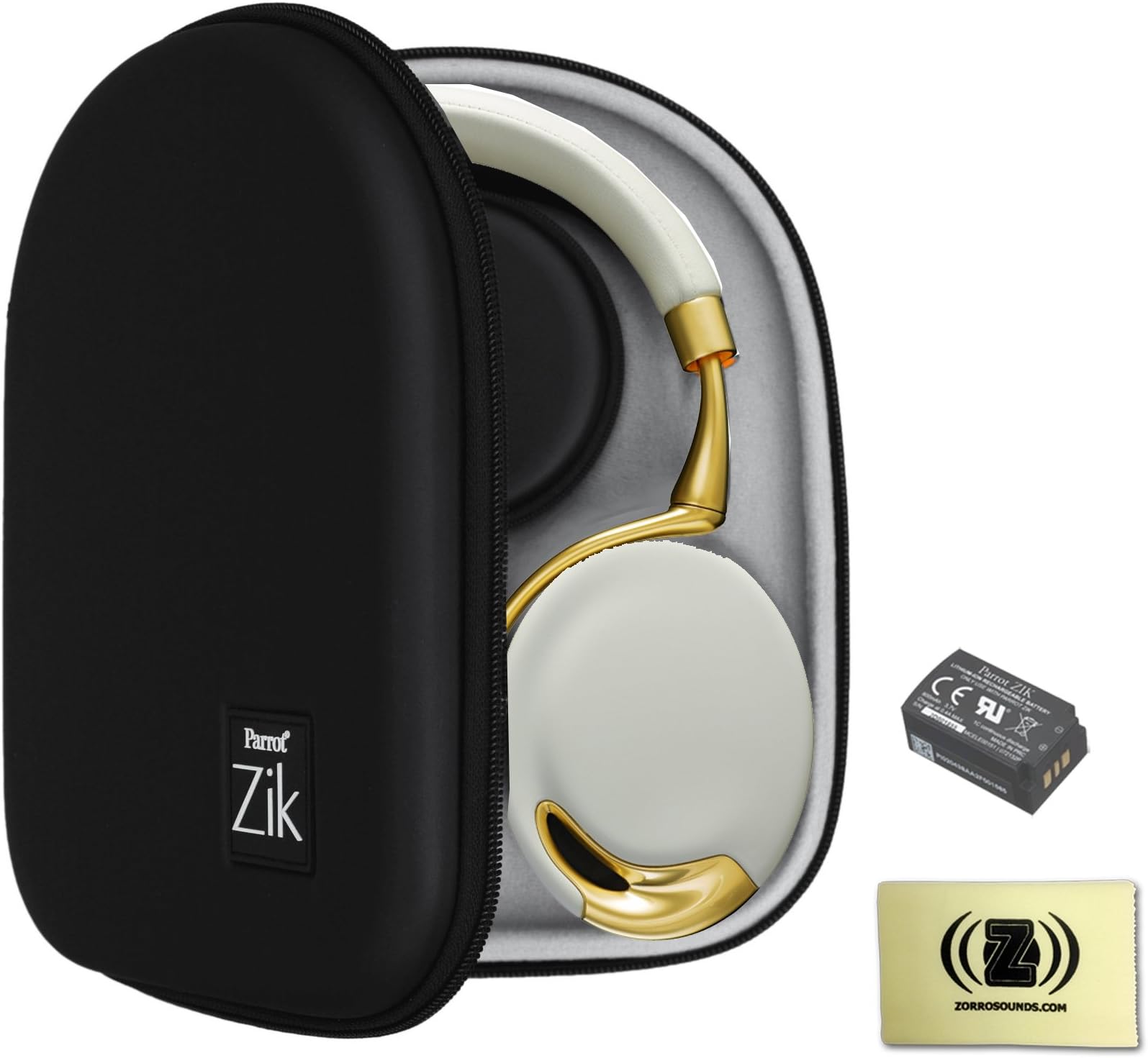 Parrot Zik Touch-Activated Bluetooth Headphones (Yellow/Gold) Bundle with Parrot Zik Black Case, Parrot Zik Battery (3.7V - 800mAh) and Custom Designed Zorro Sounds Cleaning Cloth