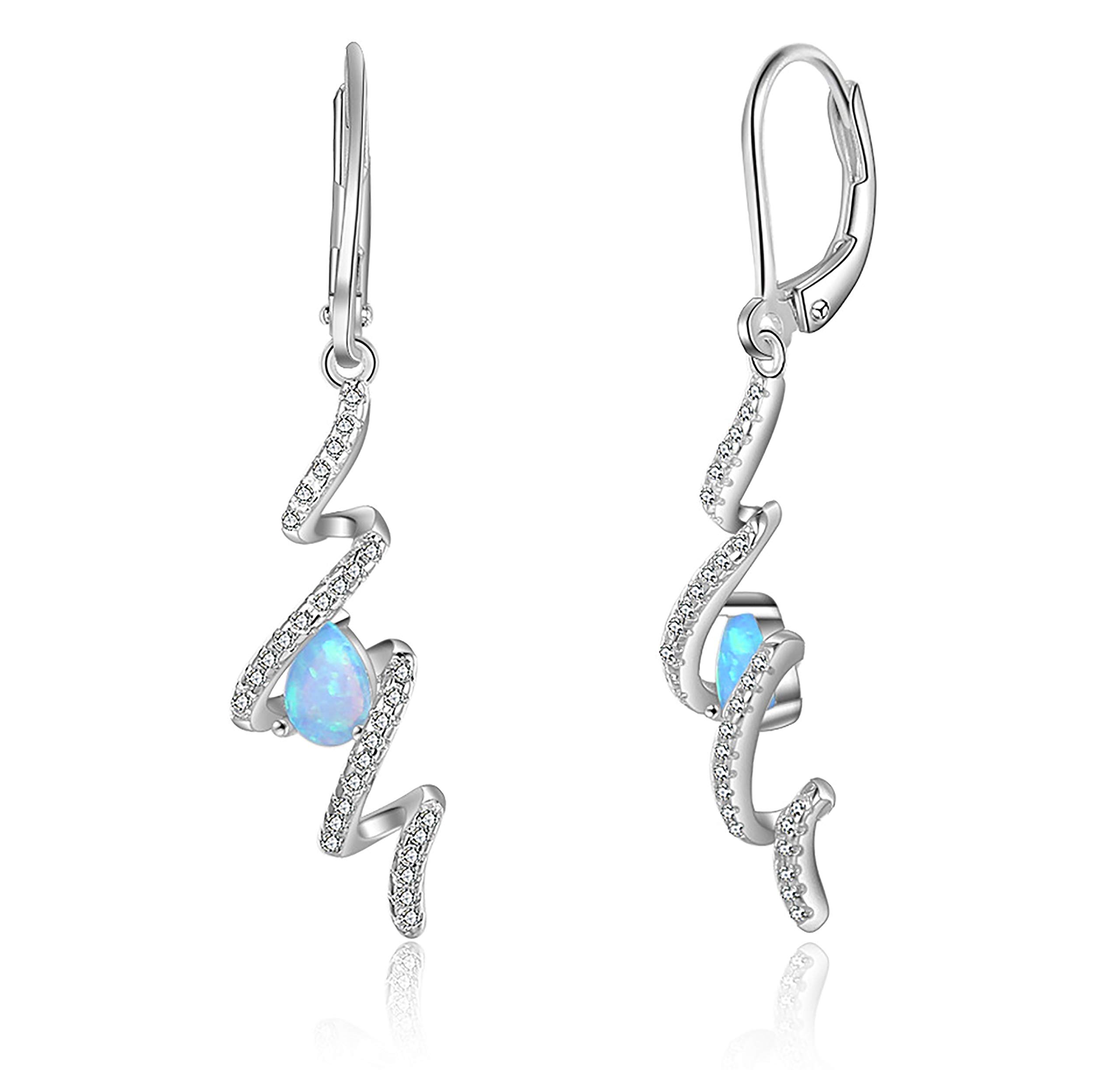 KristLand 925 Sterling Silver Earrings with Blue Opal Stone Cubic Zirconia Stone Dangle Earrings Jewelry Birthday for Women Ladies