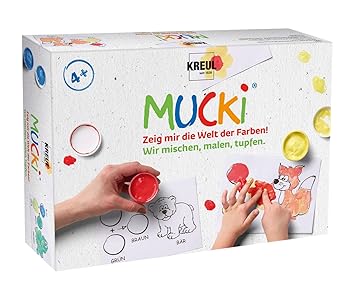 Kreul 29100 - Mucki Fingermalfarbe, Farben Spiel Kiste, Wir mischen, malen, tupfen, Lern- und Spielset, 5 x 50 ml Fingerfarbe