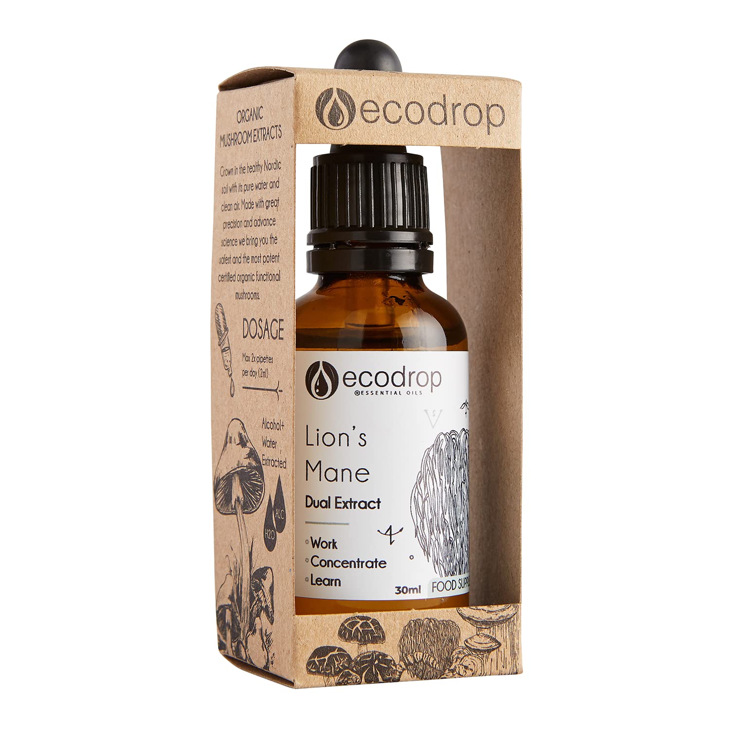 Ecodrop Lions Mane Mushroom Extract Supplement - 30 ml | Organic Liquid Tincture from Fruiting Body | Vitality Boost for Cognitive Function, Memory & Focus | High-Strength Formula | Made in Finland