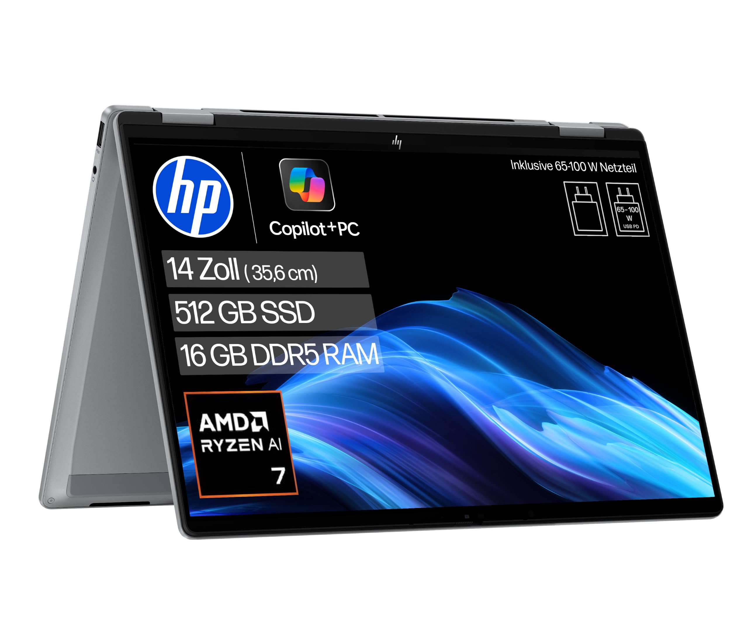 HP OmniBook X Flip 2-in-1 Laptop (14" 2K Touchscreen, AMD Ryzen AI 7, Copilot+, 16GB RAM, 512GB, Win11, QWERTZ) - Silber