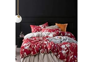 mixinni King Size Duvet Cover Red Floral Birds 100% Natural Long-Staple Cotton Flowers Leaves Print 3 Pieces Light Grey Pattern Bedding Duvet Cover with Zipper Ties for Her and Him-King Size
