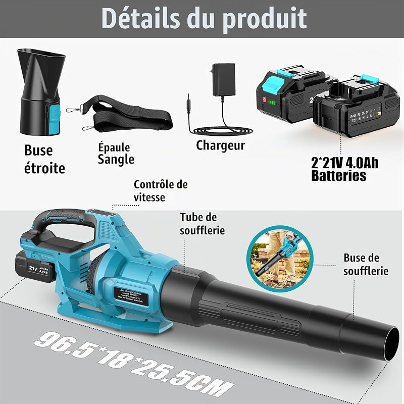 Souffleur Batterie, 21V Souffleur de Feuilles avec 2 Batteries 4,0Ah, 3 Vitesses, 2 Tubes de Soufflage, Sangle Souffleur à Batterie pour Nettoyage de Jardin