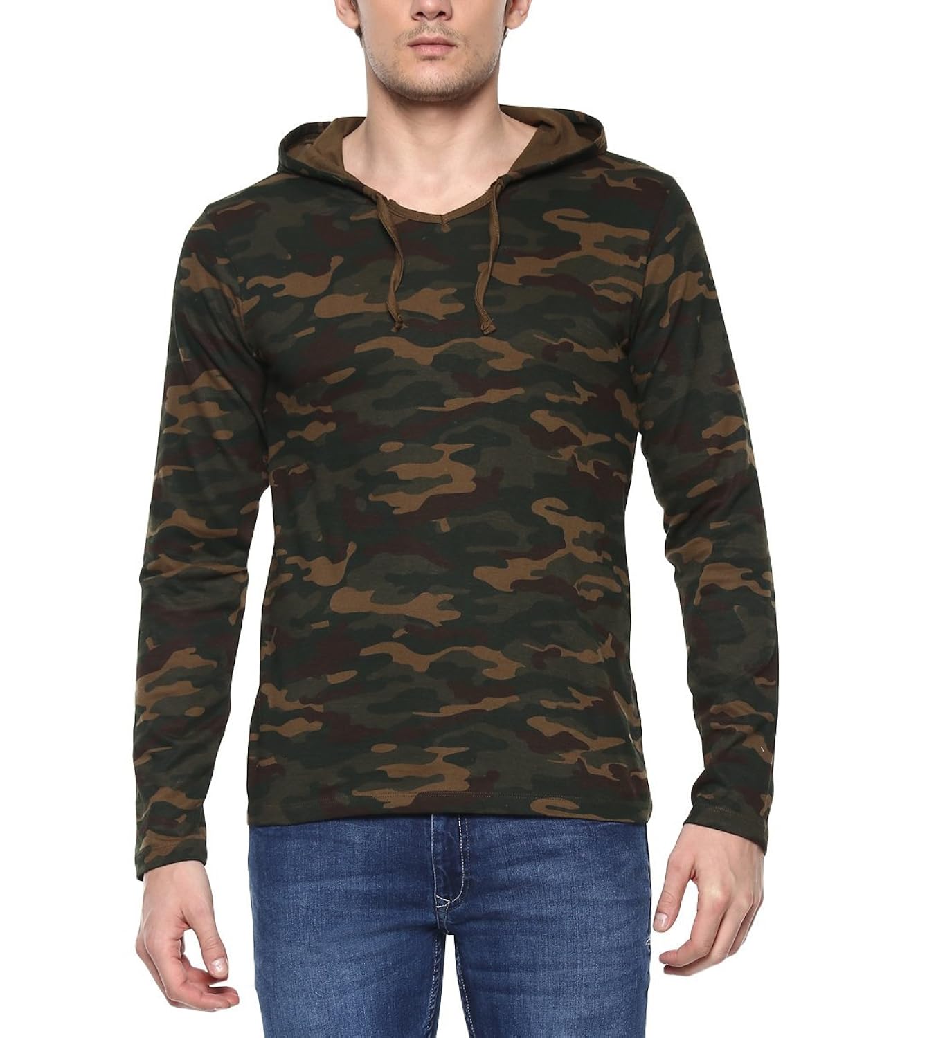 urbano fashion men's green camouflage hooded full sleeve t-shirt