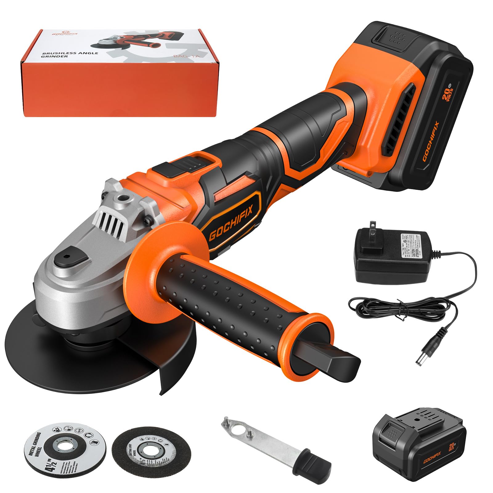 Photo 1 of Cordless Angle Grinder Tool GOCHIFIX Grinders Power Tools 20v 4-1/2 Inch Brushless Grinders Tool with 4.0Ah Battery & Fast Charger, Grinding & Cutting Wheels for Metal, for Workshops, Home Lovers