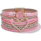 FANCY SHINY Heart Leather Wrap Bracelets Stackable Boho Cuff Bangles Trendy Resin Stone Rhinestone Bracelets with Magnetic Clasp for Women Valentine Gifts