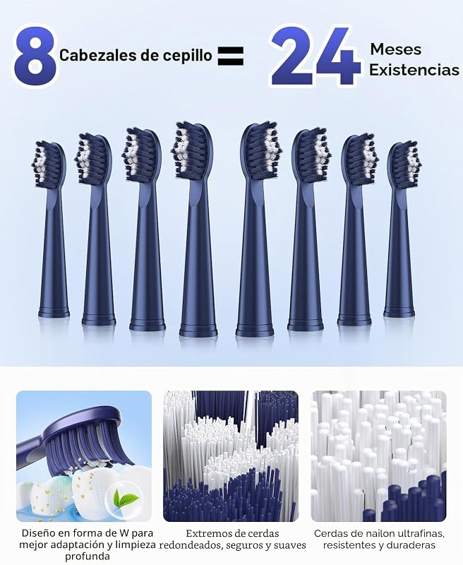 Cepillo de Dientes Eléctrico Sónico – Limpieza Profunda para Encías Sensibles, 5 Modos, 45 Días de Batería, 8 Cabezales, IPX7 Impermeable, Temporizador Inteligente, Ideal para Viajes (Azul)