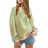 SENSERISE Womens Oversized Classic Striped Crewneck Sweatshirts Long Sleeve Color Block Shirts Casual Tops