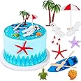 12 Pieces Hawaiian Beach Cake Decoration Summer Beach Chair and Umbrella Cake Toppers Green Palm Tree Cake Toppers for Hawaiian Theme Birthday Wedding Party Baby Shower Party Decoration Supplies